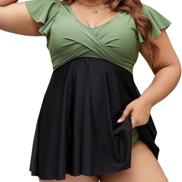 Flattering Plus Size Two-Piece Tankini with Ruffle Sleeves & Tummy Control - Picture 1 of 5
